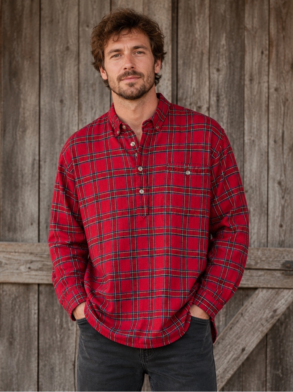 Lee Valley Ireland Mens 44 Red Tartan Plaid Flannel Grandfather Shirt Cotton